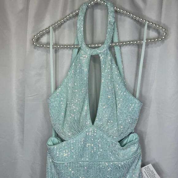 Mac Duggal A11274 Aqua Sequined Halter Cut Out Ruffle Asymmetrical Dress Size 4